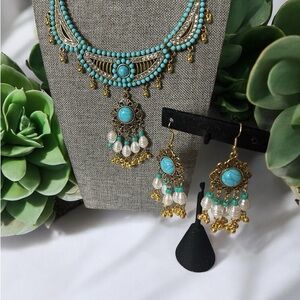 Turquoise & Gold Beaded Necklace & Earring Set